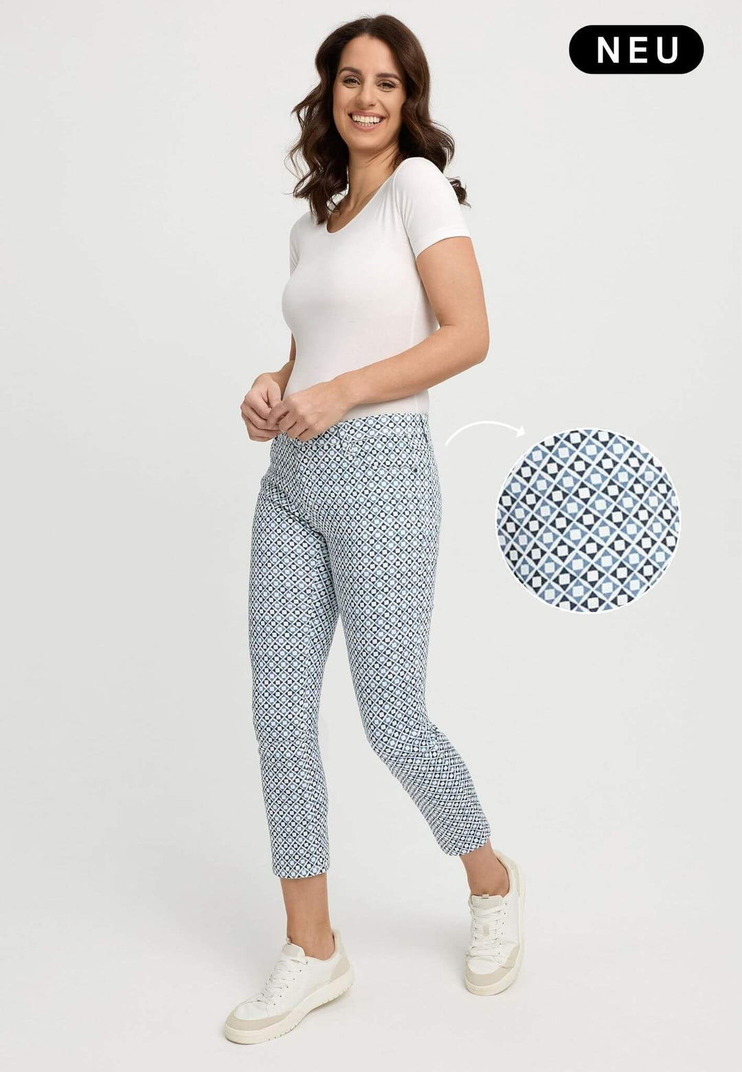 wonderjeans Ankle White Blue Mini Square Print